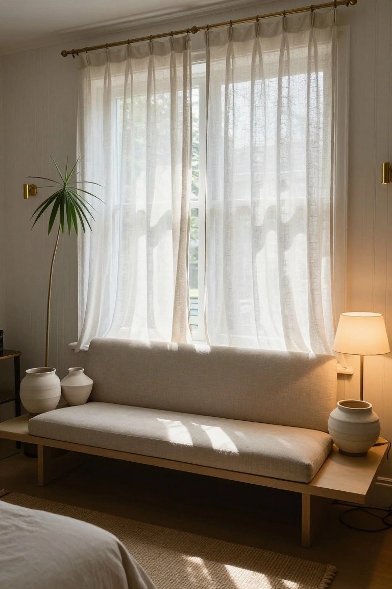Beige low-profile daybed sofa positioned under a double window with sheer white curtains, next to a potted palm plant, two ceramic vases, and a table lamp on a side table in a light wood-floored room.