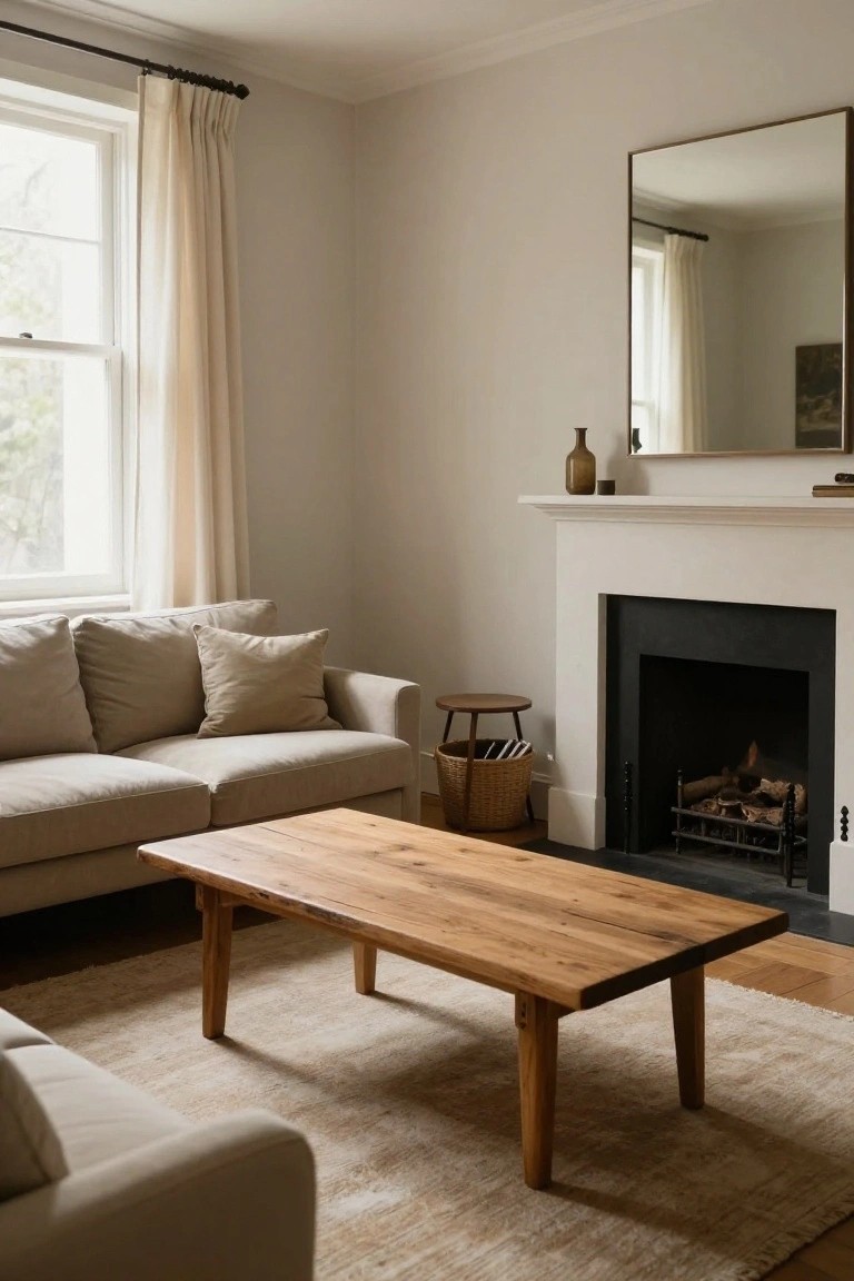 Beige low-profile sofa against a wall in a light gray living room with white fireplace on adjacent wall wooden coffee table on beige rug sheer curtains on window and woven basket by side table