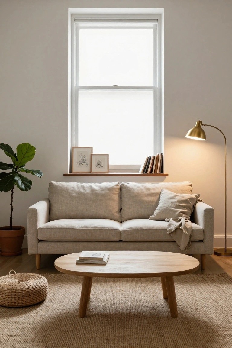 A beige low-profile sofa against a wall under a tall window in a light living room, with an oval wooden coffee table in front, potted fiddle leaf fig plant, gold floor lamp, woven pouf, seagrass rug, and small shelf with books and frames.