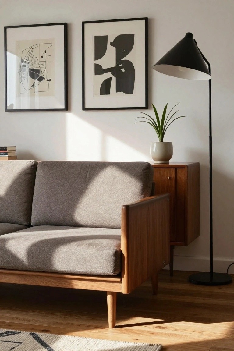 Gray fabric sofa against a white wall next to a wooden credenza topped with a potted plant and books, with a black cone-shaped floor lamp, abstract black-and-white artwork, and sunlight streaming in.