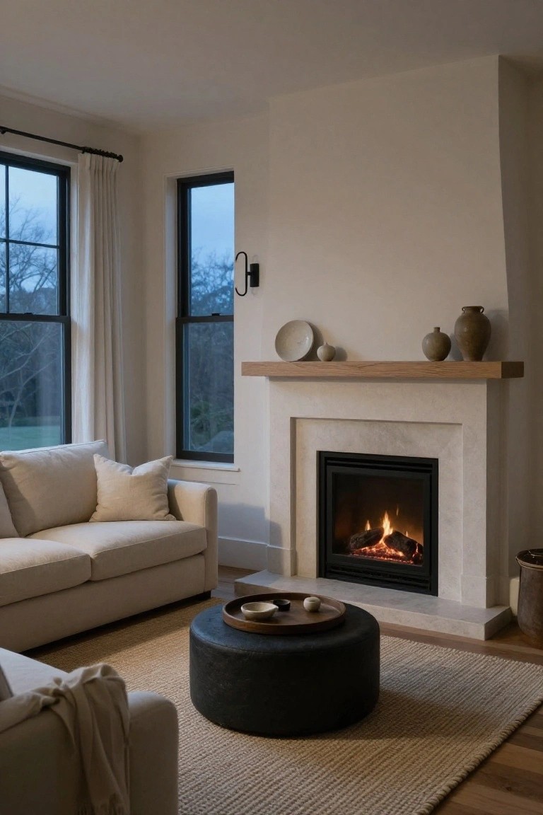 Cozy living room with beige sofa, lit fireplace, and dark ottoman on rug.