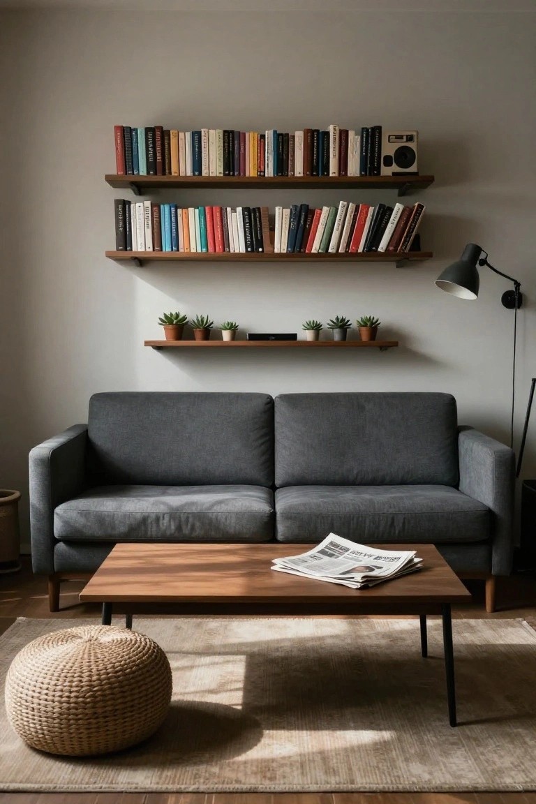 Gray two-seater sofa against a white wall under two levels of wooden floating shelves holding books and a stereo, with small potted plants on a lower shelf, a wooden coffee table holding a newspaper, a rattan pouf on a beige rug, and a black floor lamp nearby.