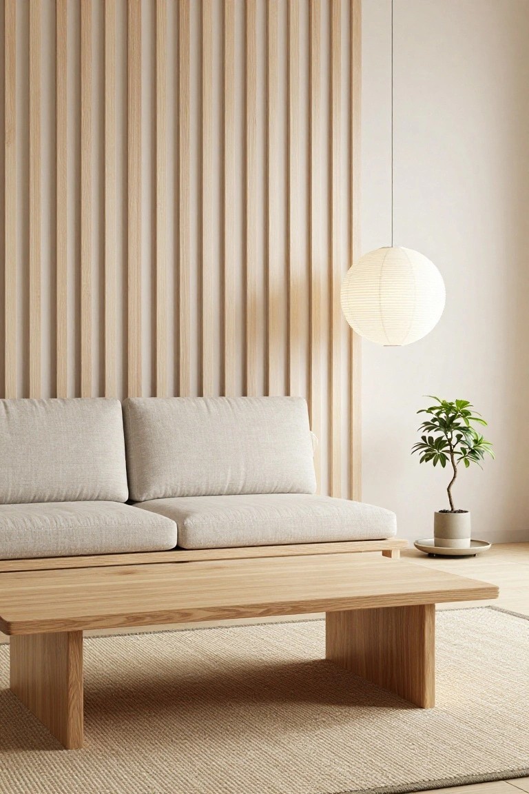 A light beige two-seater sofa positioned against a vertical light oak slat wall in a minimalist living room, with a low rectangular oak coffee table on a beige rug, white paper lantern hanging above, potted plant on a saucer, and light wood floor.