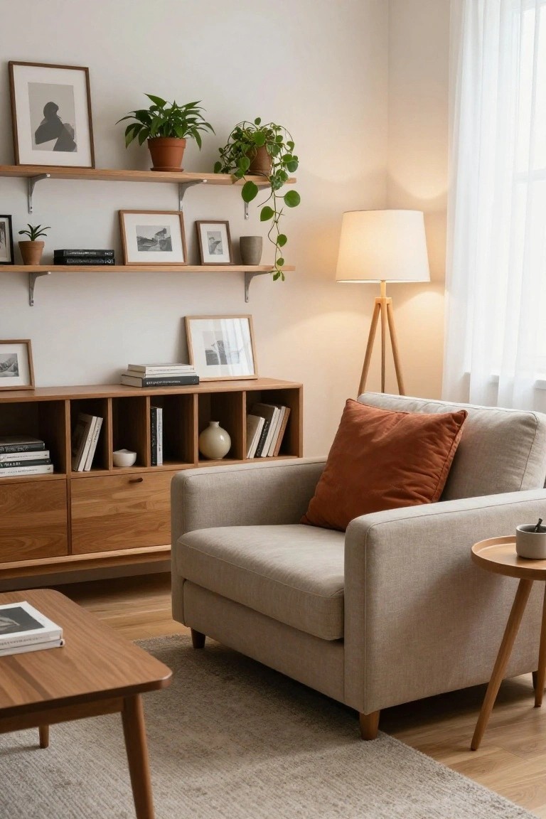 Beige fabric armchair with rust orange cushion in a light wood credenza corner unit topped with floating oak shelves holding books, frames, plants, and ceramics, beside a tripod floor lamp and wood side table on light wood floors.