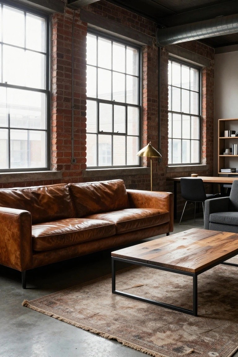 Industrial loft living room featuring exposed brick walls, large factory windows, gray fabric sofa, tan leather accent chair, reclaimed wood coffee table on a beige rug, gold floor lamp, and wooden desk area.