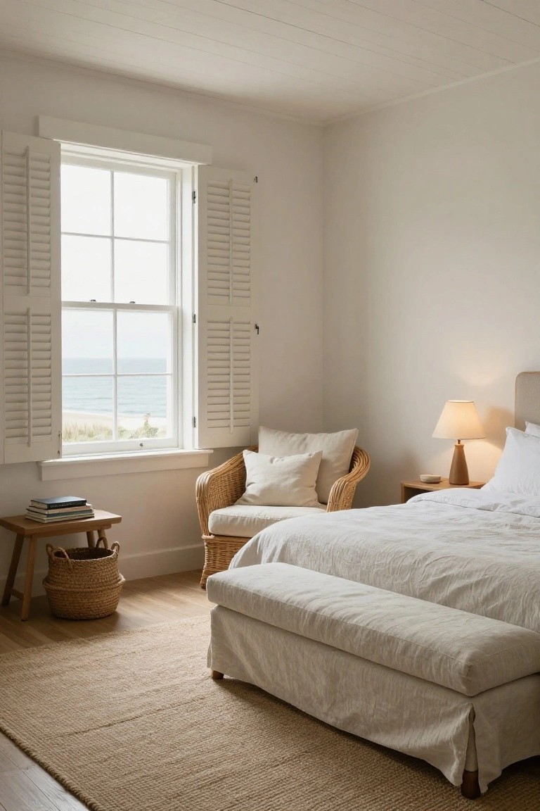 Bedroom with white walls and ceiling, large window with open shutters showing ocean view, rattan armchair with cream cushions, wooden bench at foot of white bed, neutral seagrass rug, side table with lamp and books.
