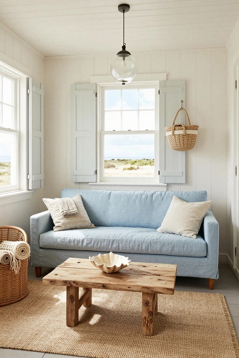 Light blue linen sofa on seagrass rug in white shiplap room with wooden coffee table, shell centerpiece, wicker baskets, hanging basket, and windows showing beach dunes and sky.