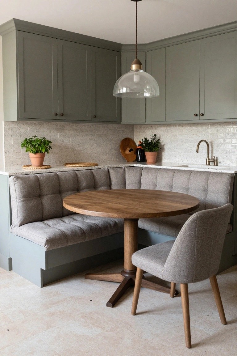 Kitchen corner booth with gray tufted bench seating around a round wooden pedestal table and one gray fabric accent chair, set against green cabinets, white quartz countertop, and subway tile backsplash.