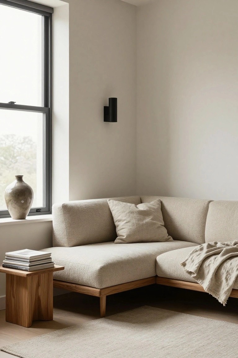 Beige L-shaped sofa with wooden legs in a light gray corner room, next to a low wooden side table with stacked books, a gray vase on the windowsill, and a black wall sconce.