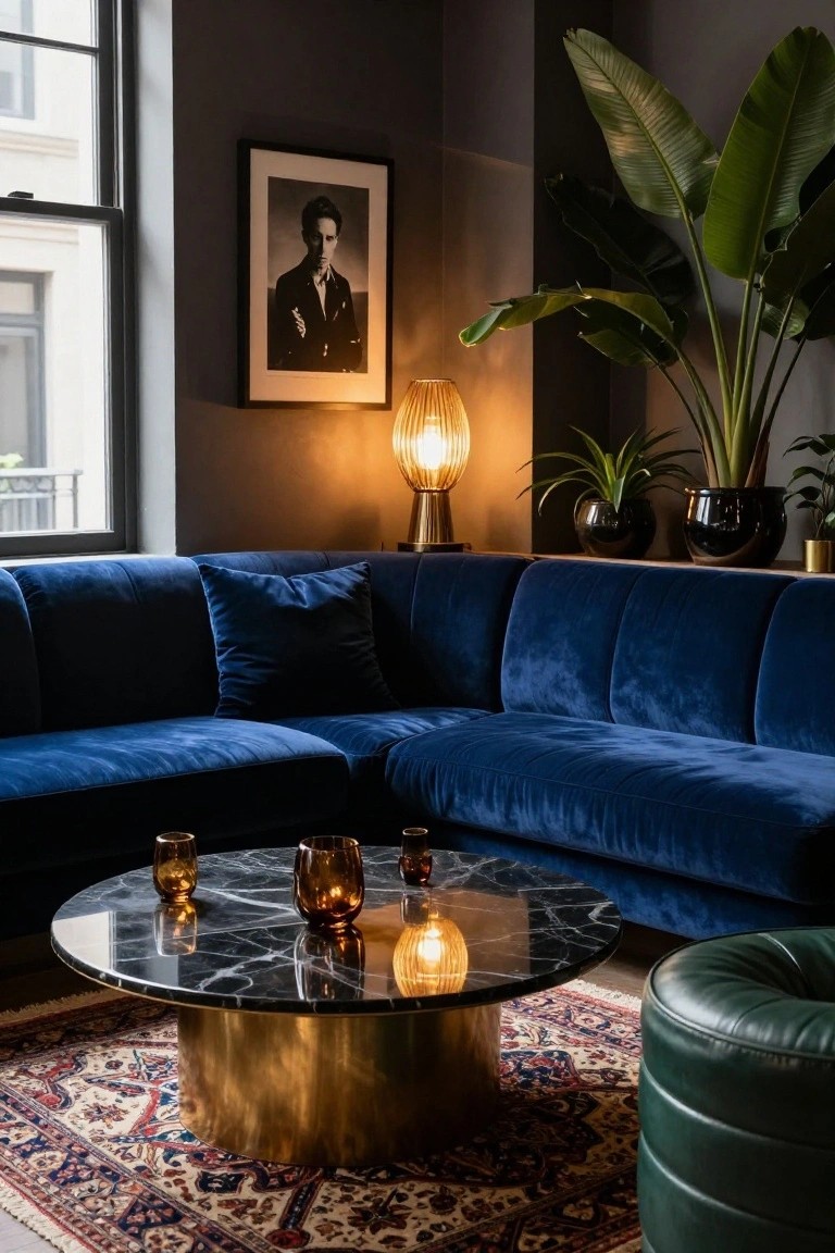 Cozy blue velvet sectional with marble coffee table and warm lamp.