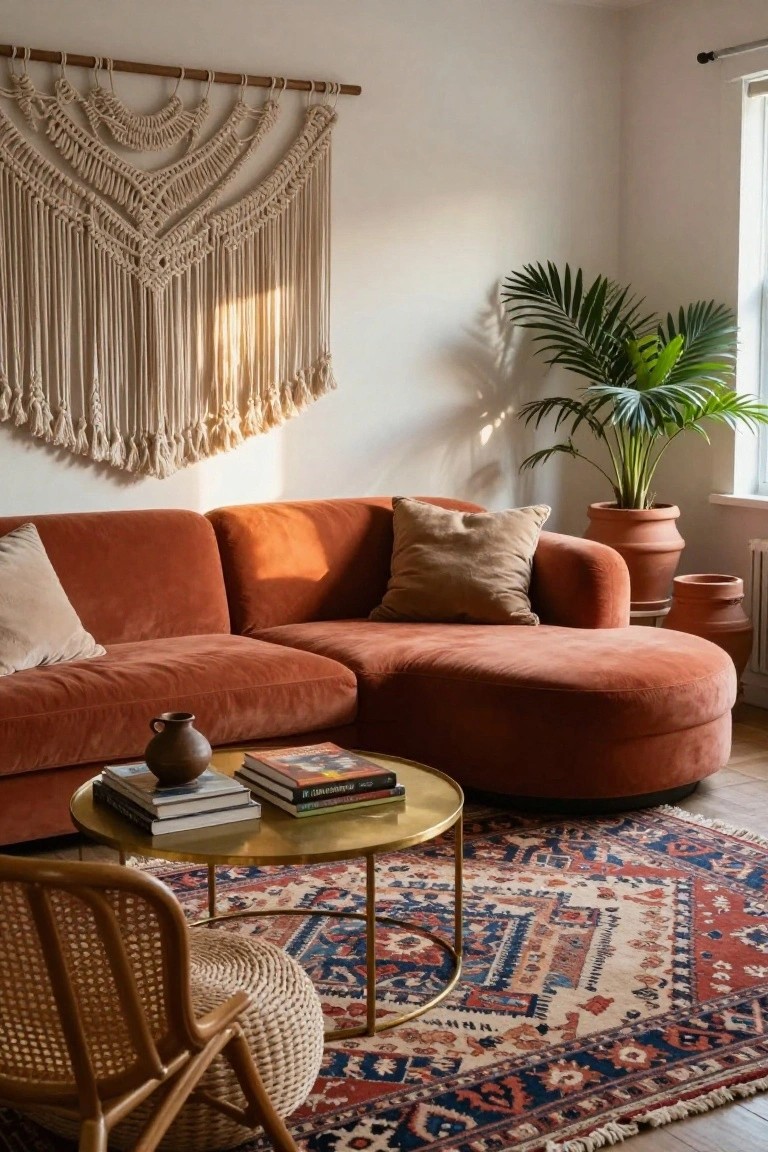 Living room with burnt orange curved velvet sofa, rattan accent chair on white pouf, gold round coffee table holding books and vase, terracotta pots with plants, macrame wall hanging, and patterned rug on wood floor.