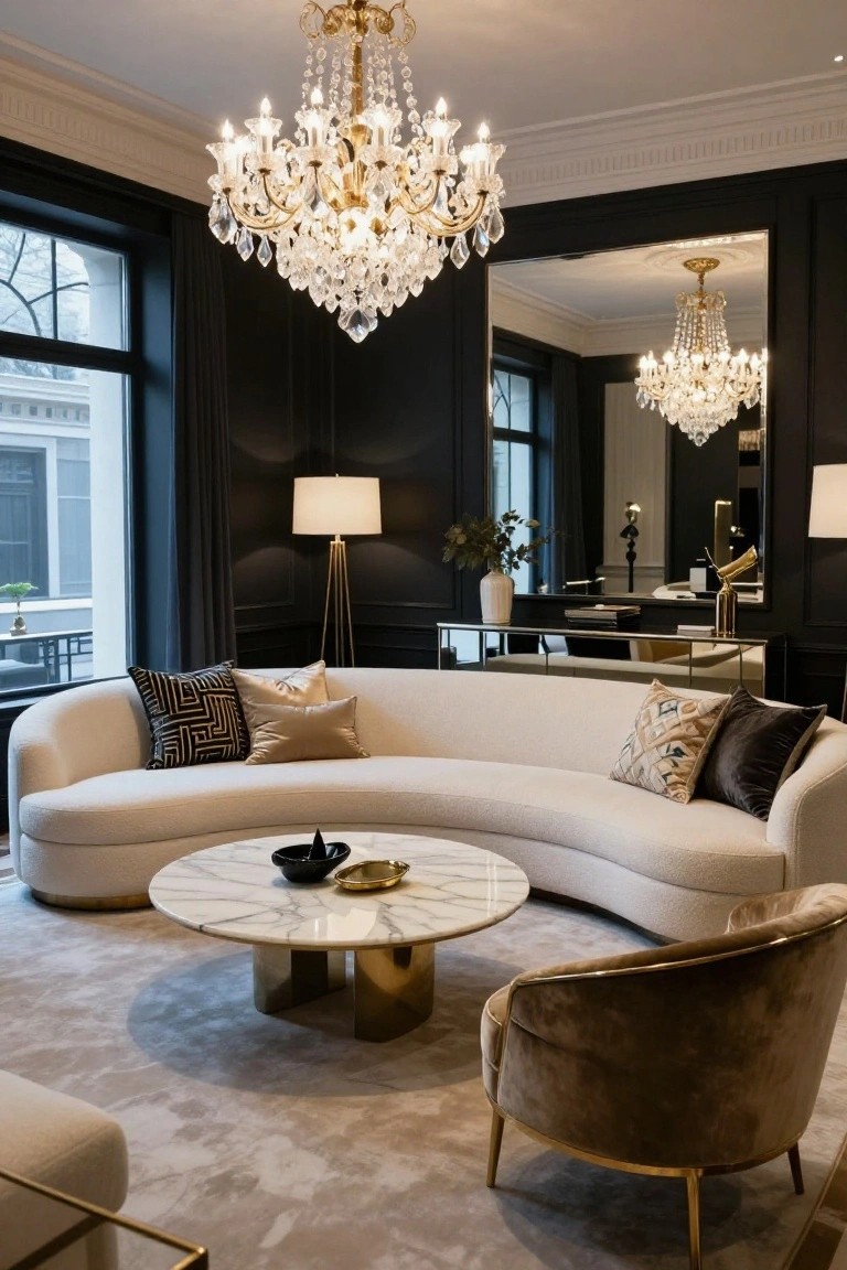 Living room with curved white sofa on plush rug, round marble coffee table with gold base, brown velvet armchair with gold legs, chandelier overhead, floor lamp, black paneled walls, large mirror, and console table.