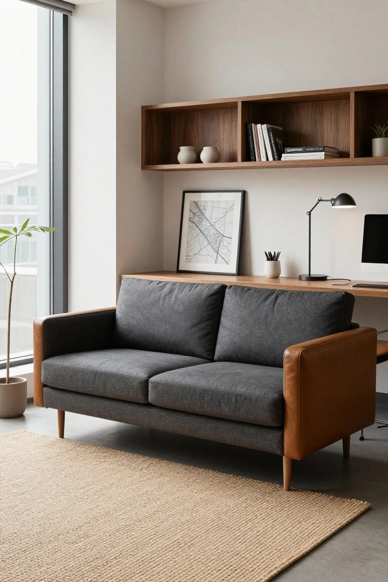 Gray two-seater sofa with tan leather armrests and wooden legs placed against a wooden desk under floating walnut shelves in a bright corner room with a large window and potted plant.