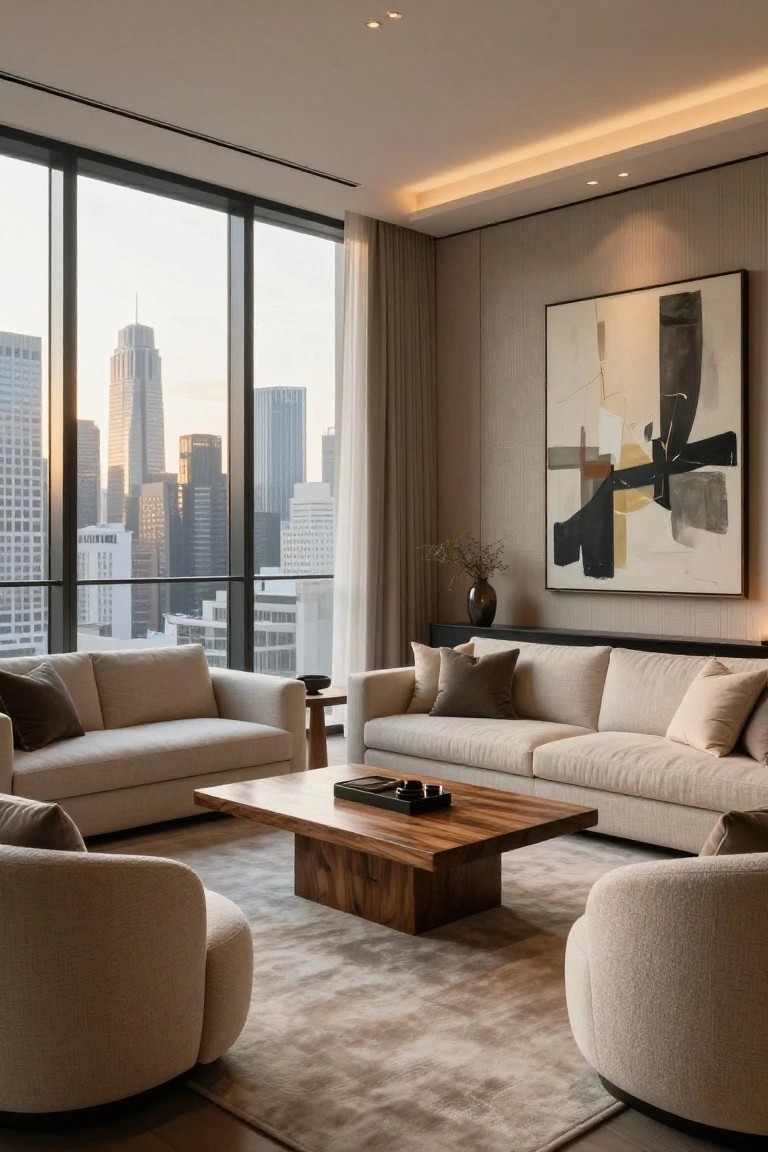 Modern living room interior featuring two facing cream sofas, two rounded cream swivel chairs, rectangular wooden coffee table on a light rug, large floor-to-ceiling windows with city skyline view, abstract painting on beige wall, and recessed lighting.