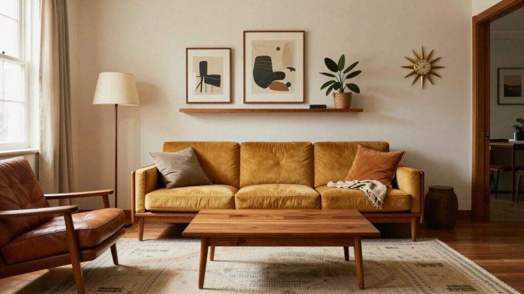 23 Sofa and Accent Chair Ideas That Create a Balanced Seating Layout A cozy living room with a tan tufted leather sofa, wooden coffee table, TV stand, potted plants, abstract wall art, and a large window with sheer curtains.