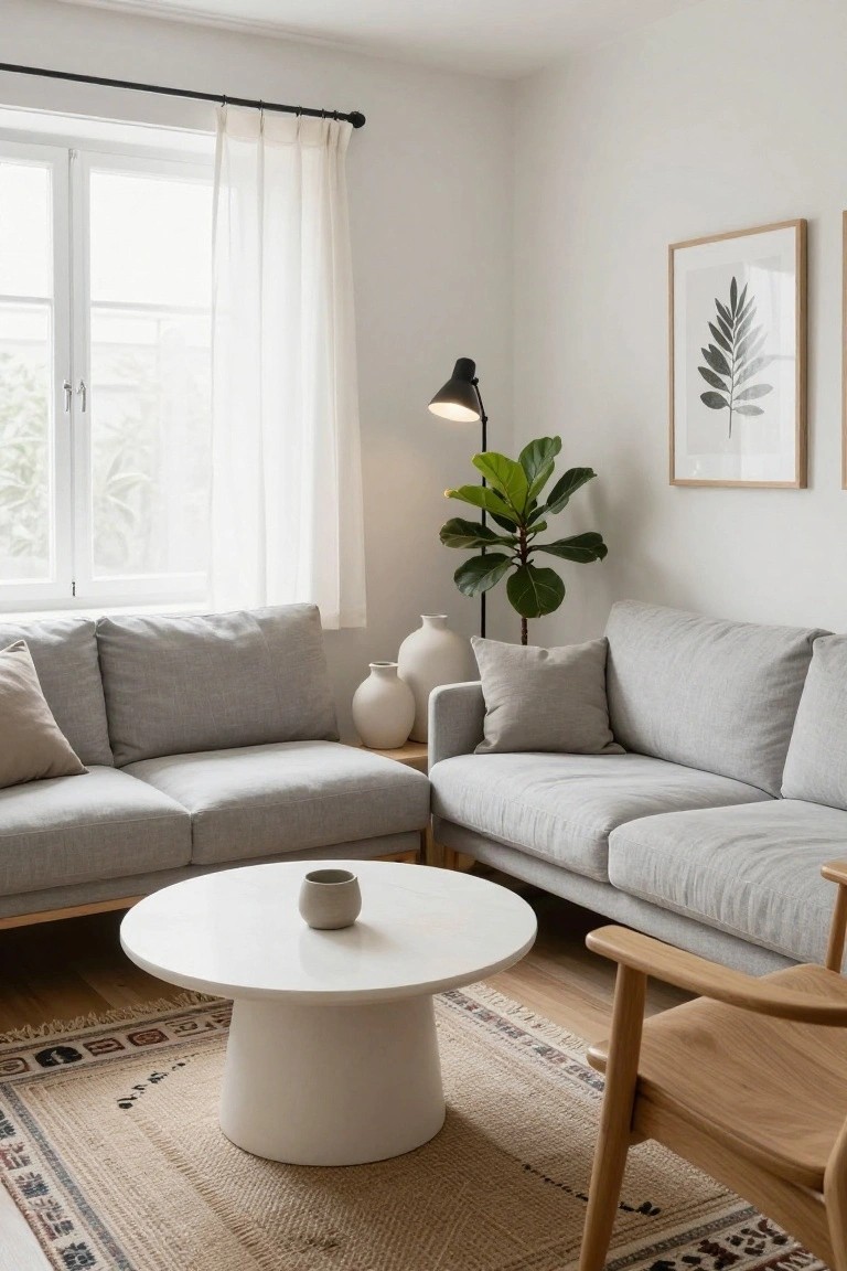 Light gray L-shaped sofa against white walls in a living room with sheer curtains on a window, black floor lamp, fiddle leaf fig plant in white pot, two white ceramic vases on wooden side table, round white pedestal coffee table with gray ceramic mug, beige throw pillows, wooden armchair, and framed leaf artwork.
