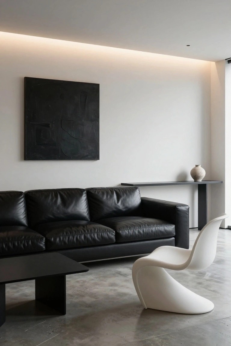 Modern living room with black leather sofa, white wavy plastic accent chair, black coffee table on polished concrete floor, black abstract painting on white wall, and black console table holding beige vase.