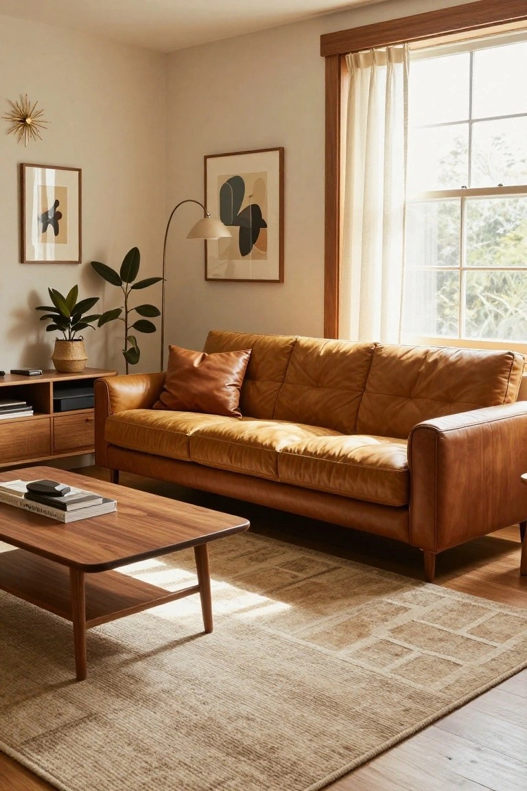 A cozy living room with a tan tufted leather sofa, wooden coffee table, TV stand, potted plants, abstract wall art, and a large window with sheer curtains.
