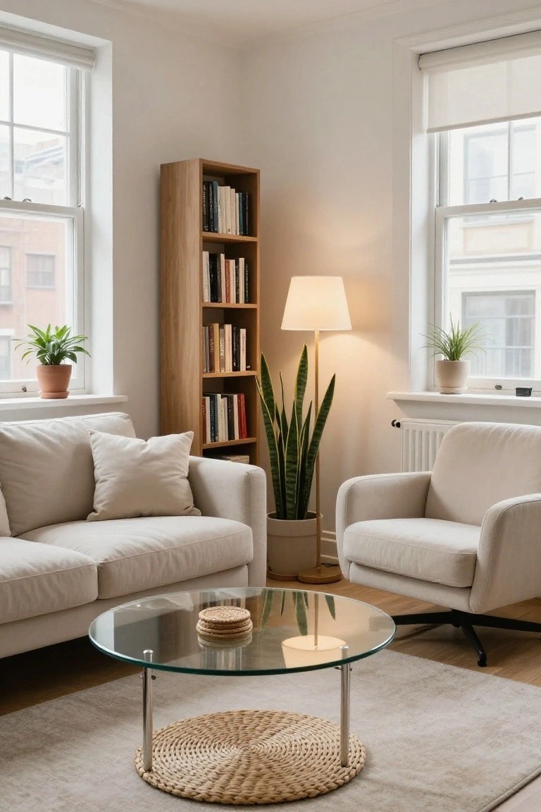 Cozy living room with beige sofa, armchair, glass table, and plants.