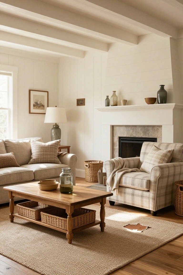 Cozy living room with light beige linen sofa, plaid fabric armchair draped with a throw blanket, wooden coffee table holding baskets and jars, white shiplap walls, and stone fireplace mantel.