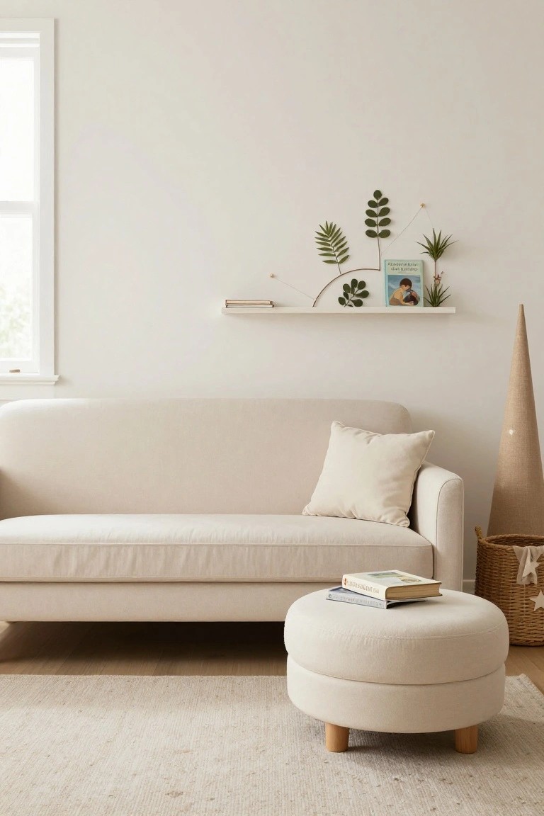 A beige living room with a cream fabric sofa against a white wall, a matching round pouf on wooden legs in front, a floating shelf holding plants and books above, a tall cone decoration, and a woven basket nearby.