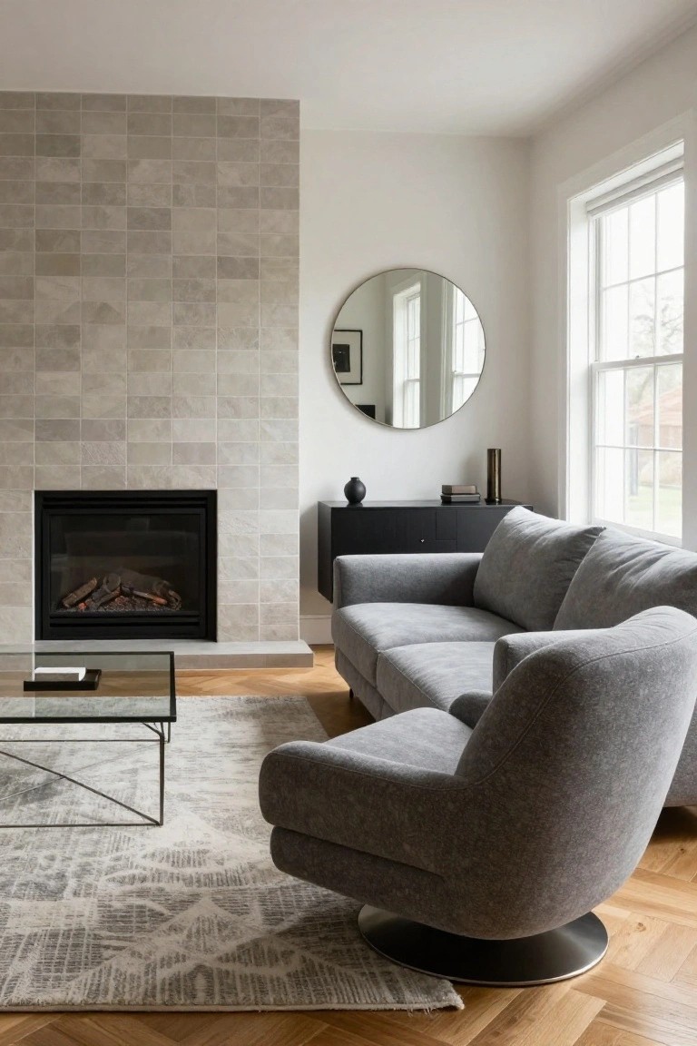 Light gray two-seat sofa and matching swivel accent chair in a living room corner with gas fireplace on beige tiled wall, glass coffee table on gray rug, black sideboard, round mirror, and window.