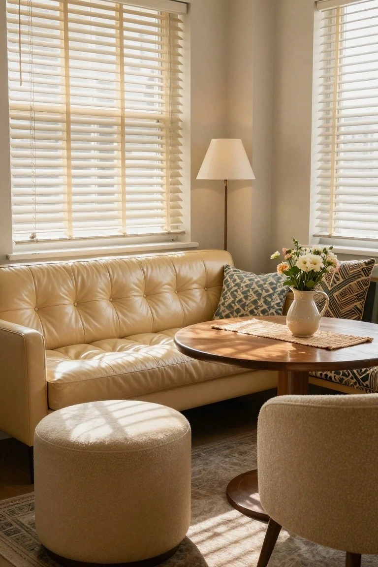 Light beige tufted leather sofa against a wall in a beige room with wooden blinds on windows, round wooden coffee table with woven runner and white vase of flowers in front, cream pouf stool and beige upholstered accent chair nearby.