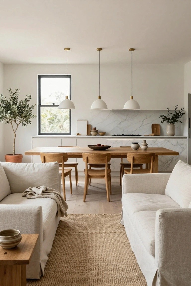 Open-plan interior with two large white linen sofas on either side of a long wooden dining table surrounded by matching wooden chairs, a white kitchen island in the background, potted olive tree, and pendant lights overhead.