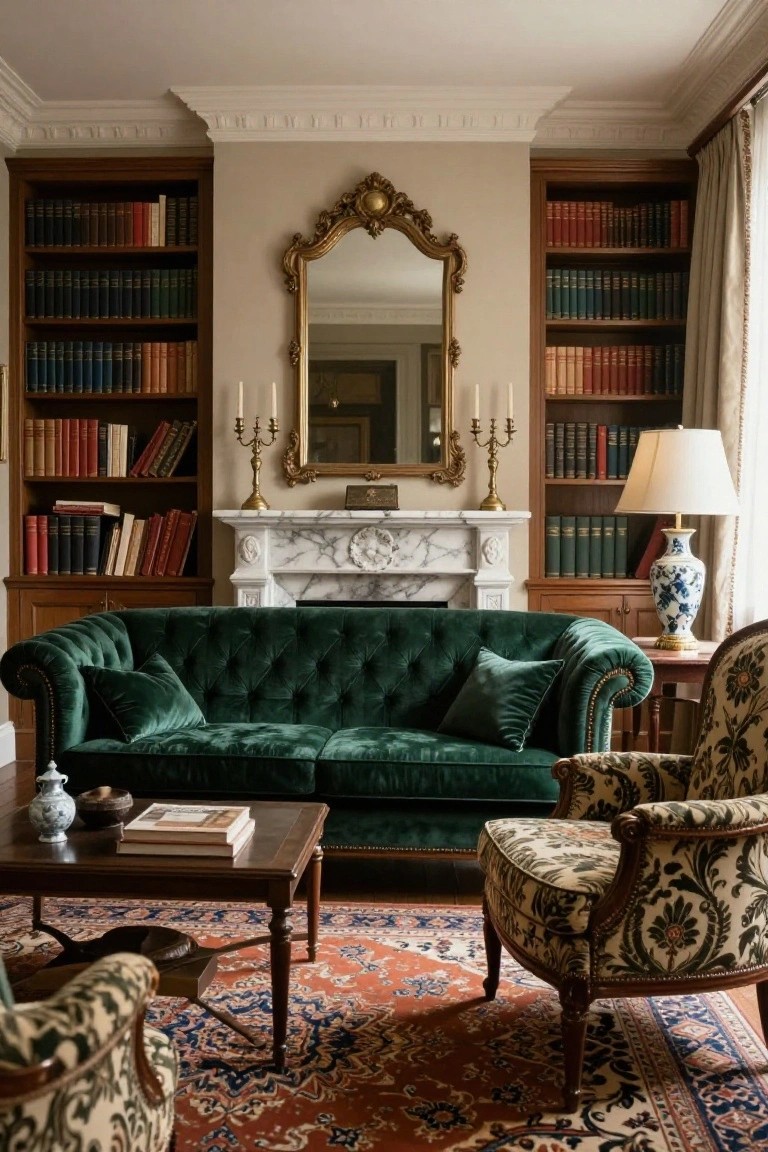 A traditional living room with emerald green velvet tufted Chesterfield sofa, floral patterned armchair, wooden coffee table on red and blue Persian rug, marble fireplace, wooden bookshelves filled with books, gilded mirror, candelabras, and lamp on side table.
