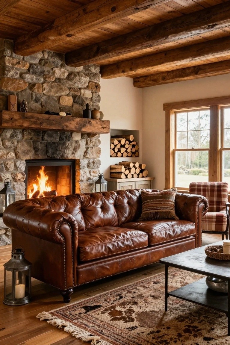 Living room with wooden beamed ceiling, stone fireplace burning wood, tufted brown leather sofa, plaid patterned armchair, wood coffee table, lanterns, and large windows overlooking outdoors.