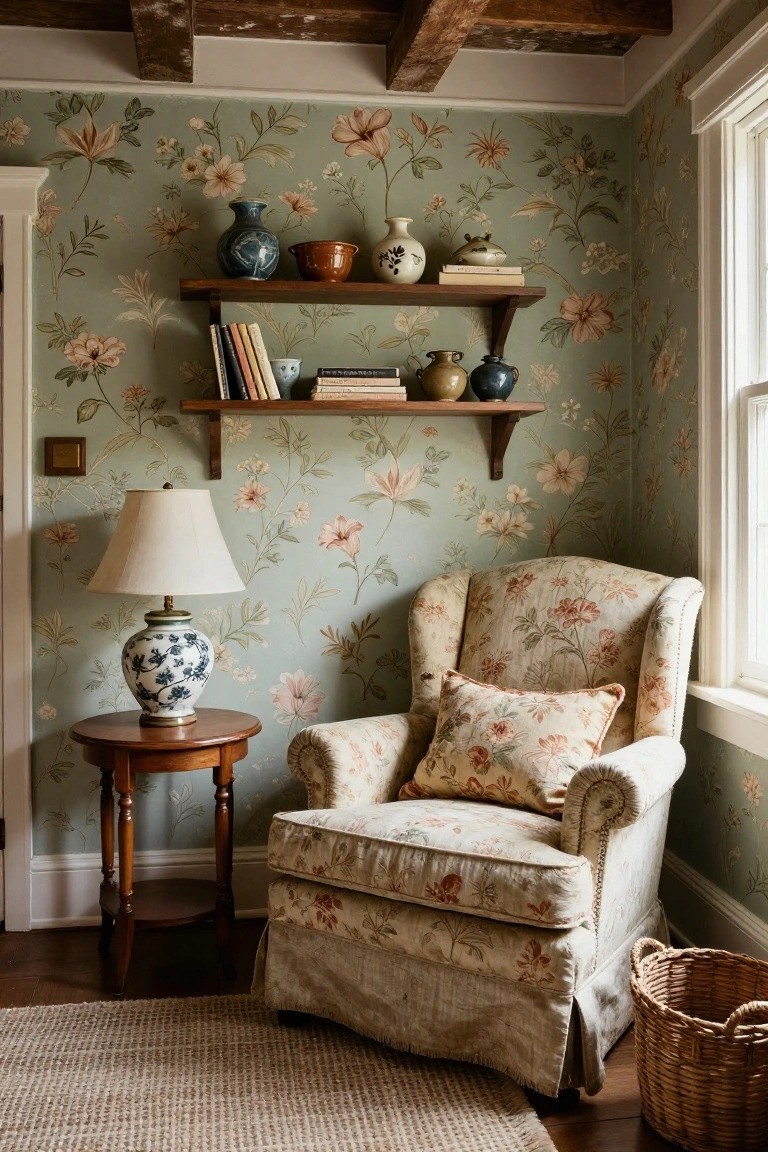 Sage green floral wallpapered room corner with cream floral-upholstered wingback armchair, wooden side table holding blue and white lamp, wooden shelves displaying pottery and books, beside a window.