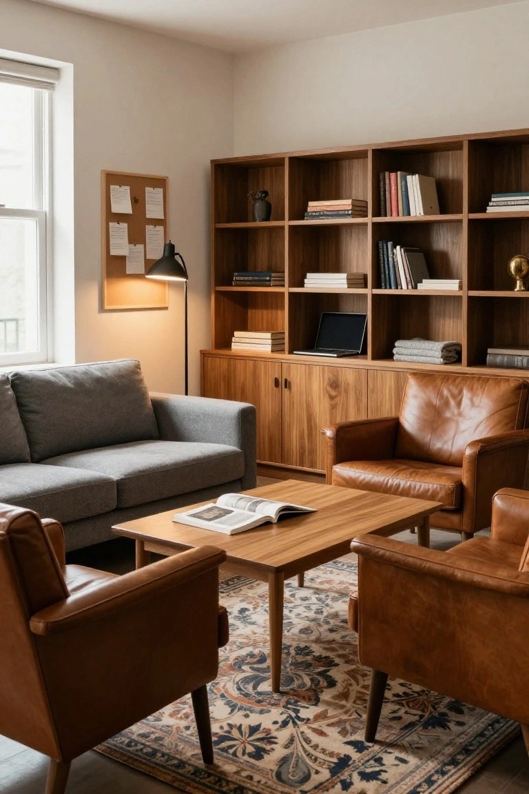 A modern interior room with wooden bookshelves, a gray fabric sofa, three tan leather armchairs, a low rectangular wooden coffee table on a patterned rug, and a desk lamp near a window.