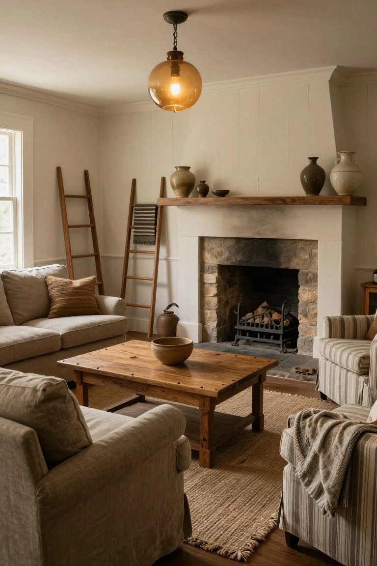 Living room with beige linen sofas, striped armchairs, wooden coffee table, stone fireplace with fire, wooden ladders leaning on wall, and pottery on mantel.