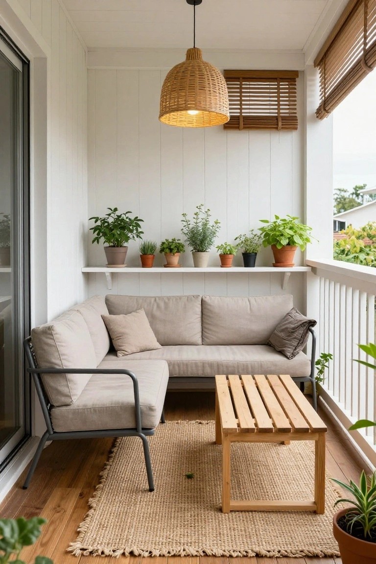 Beige L-shaped outdoor sofa in the corner of a covered balcony with white shiplap walls, wooden coffee table on a seagrass rug, potted plants on floating shelves, and a rattan pendant light overhead.