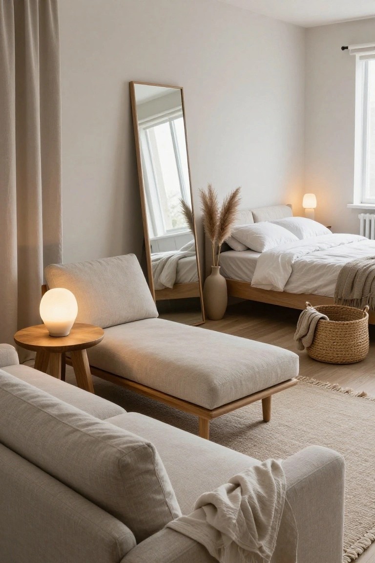 Beige fabric sofa and low wooden-legged chaise lounge next to a round wooden side table with white lamp in a light neutral bedroom with bed, mirror, and potted pampas grass.