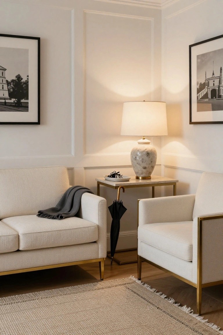 Cream loveseat sofa with gray throw blanket and matching cream armchair with gold legs arranged around a gold side table holding a white lamp, gray vase, and dish in a white corner room with black-and-white photos, umbrella stand, and beige rug on wood floor.
