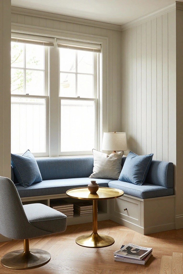Blue upholstered corner banquette with built-in storage and pillows next to a gray swivel chair on brass base, brass pedestal table between them, in white paneled room with large double-hung windows, sheer shades, and herringbone oak floor.
