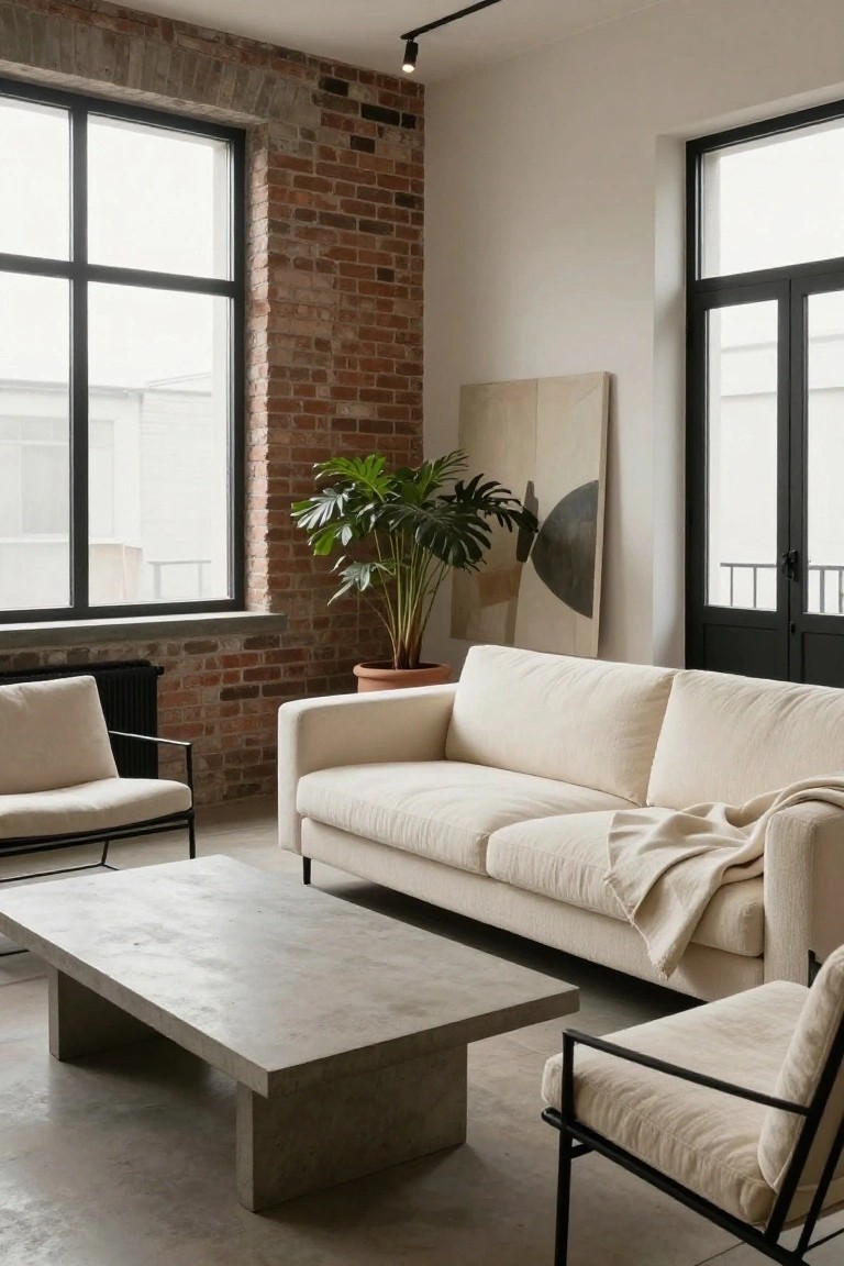 Modern loft living room featuring exposed brick walls, large windows, a large cream sofa with a throw blanket, two cream armchairs with black metal frames, a rectangular concrete coffee table, a potted monstera plant, and an abstract beige artwork.