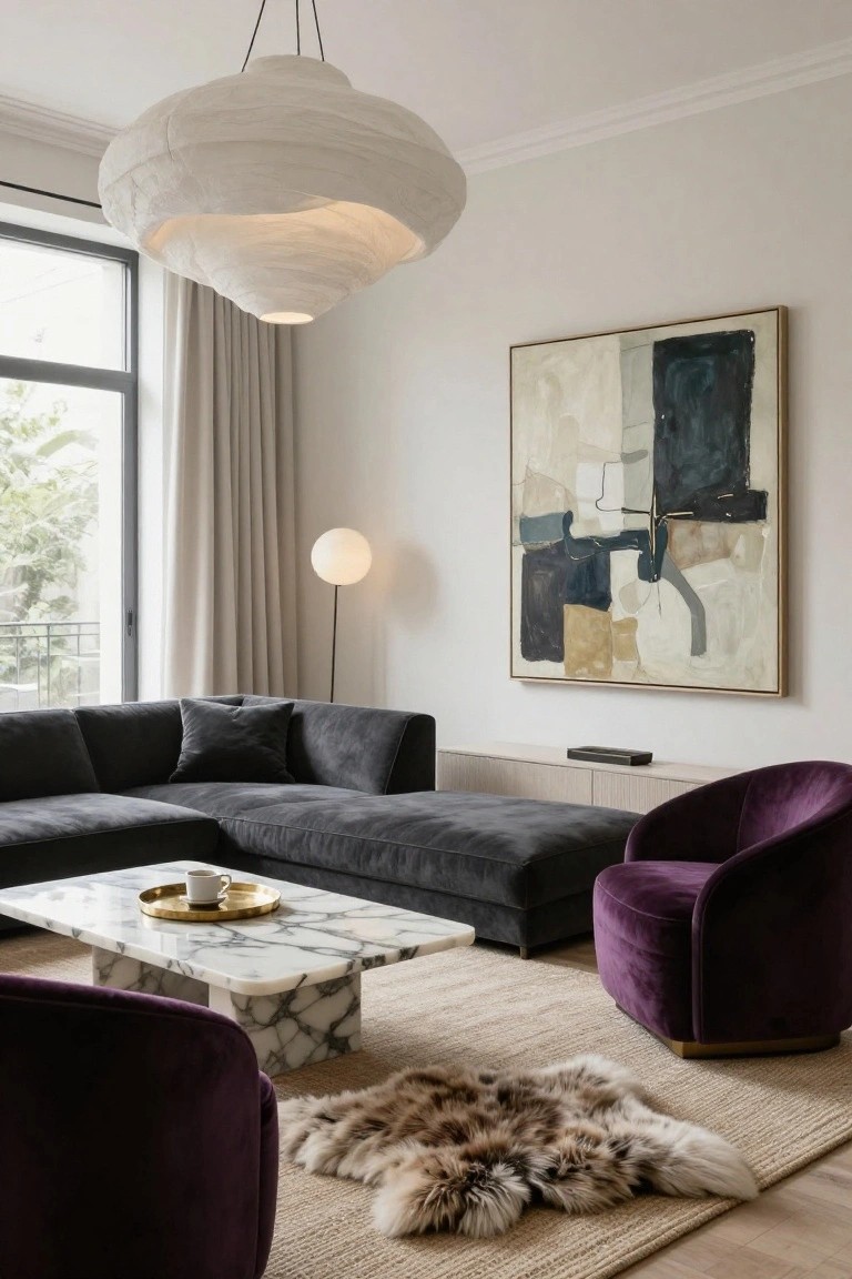 Modern living room with dark gray L-shaped sectional sofa, two purple velvet accent chairs, white marble coffee table, abstract painting on wall, floor lamp, and large window with beige curtains on light wood floor.