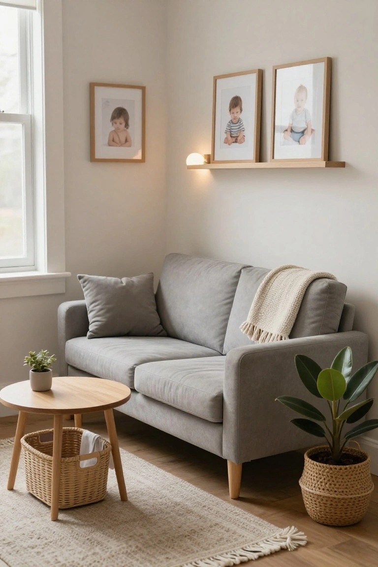 Cozy indoor room corner with light gray two-seater sofa draped with a cream throw, wooden round coffee table with potted succulent, larger potted plant in woven basket, woven storage basket with white cloth, and wooden wall shelf holding three framed photos of infants, next to a window with roller blind on light wood floor with beige rug.