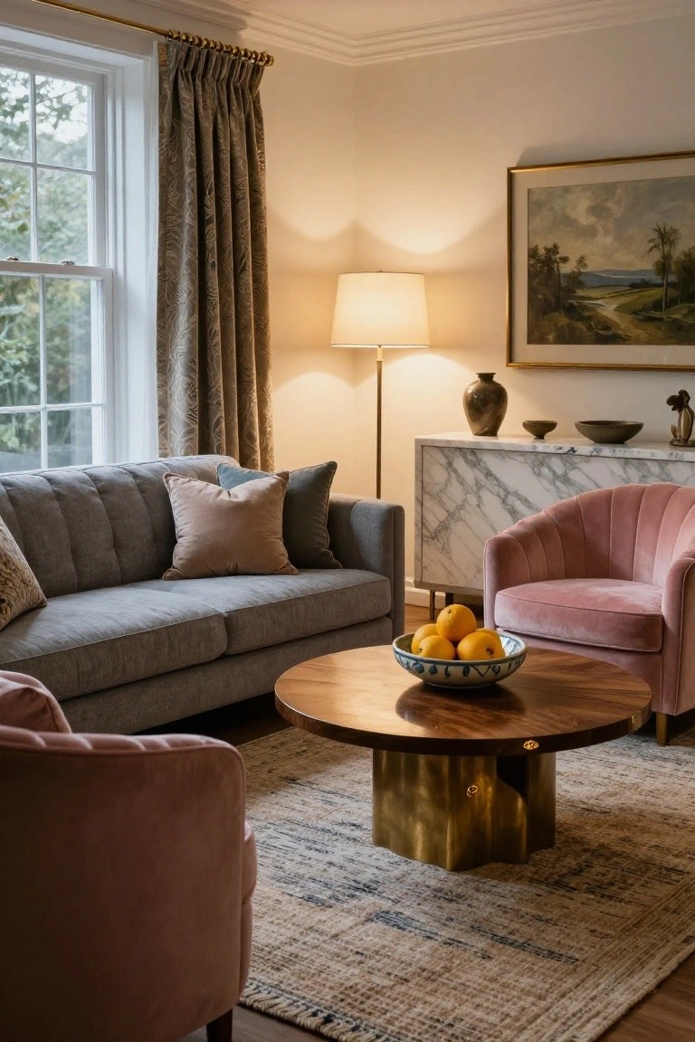 A living room with a gray tufted sofa, two blush pink scalloped velvet chairs, round wooden coffee table with blue-and-white bowl of oranges, marble sideboard with ceramics and vase, floor lamp, and large window with patterned drapes.