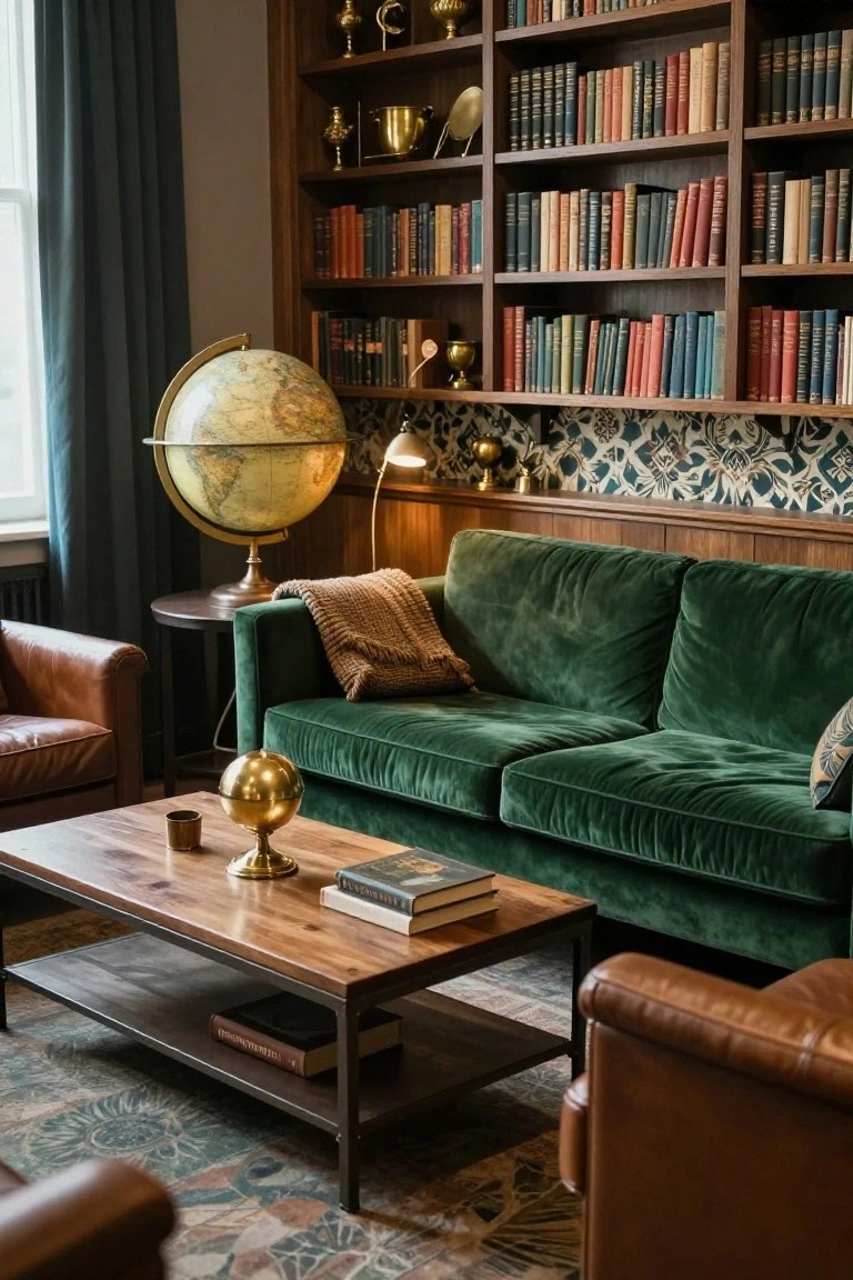 Cozy library with green velvet sofa, globe, and wooden bookshelves.