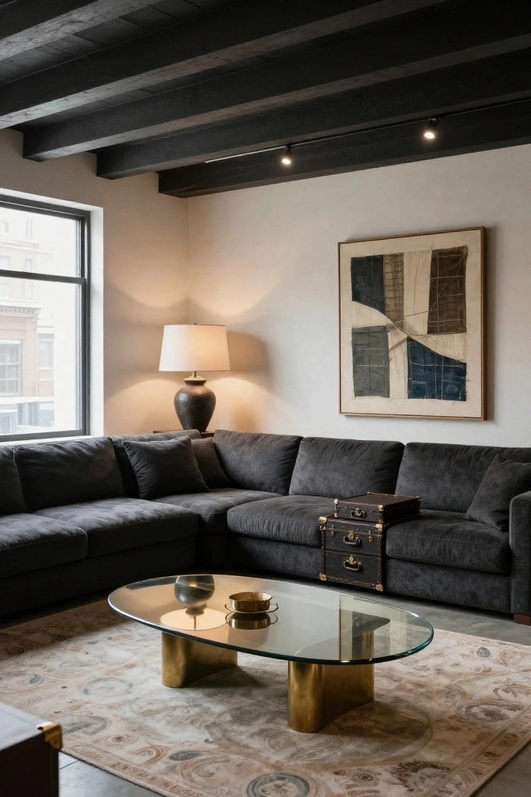 Modern living room with exposed wooden ceiling beams, large abstract artwork on white wall, ceramic floor lamp, L-shaped dark gray sofa, vintage suitcase on sofa arm, brass-legged glass coffee table with decorative bowls on patterned rug.