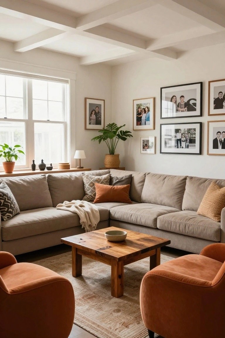 A cozy living room with a light gray L-shaped sectional sofa, two burnt orange upholstered armchairs, a rectangular wooden coffee table with a bowl, neutral rug, potted plants, and framed family photos on white walls near large windows.