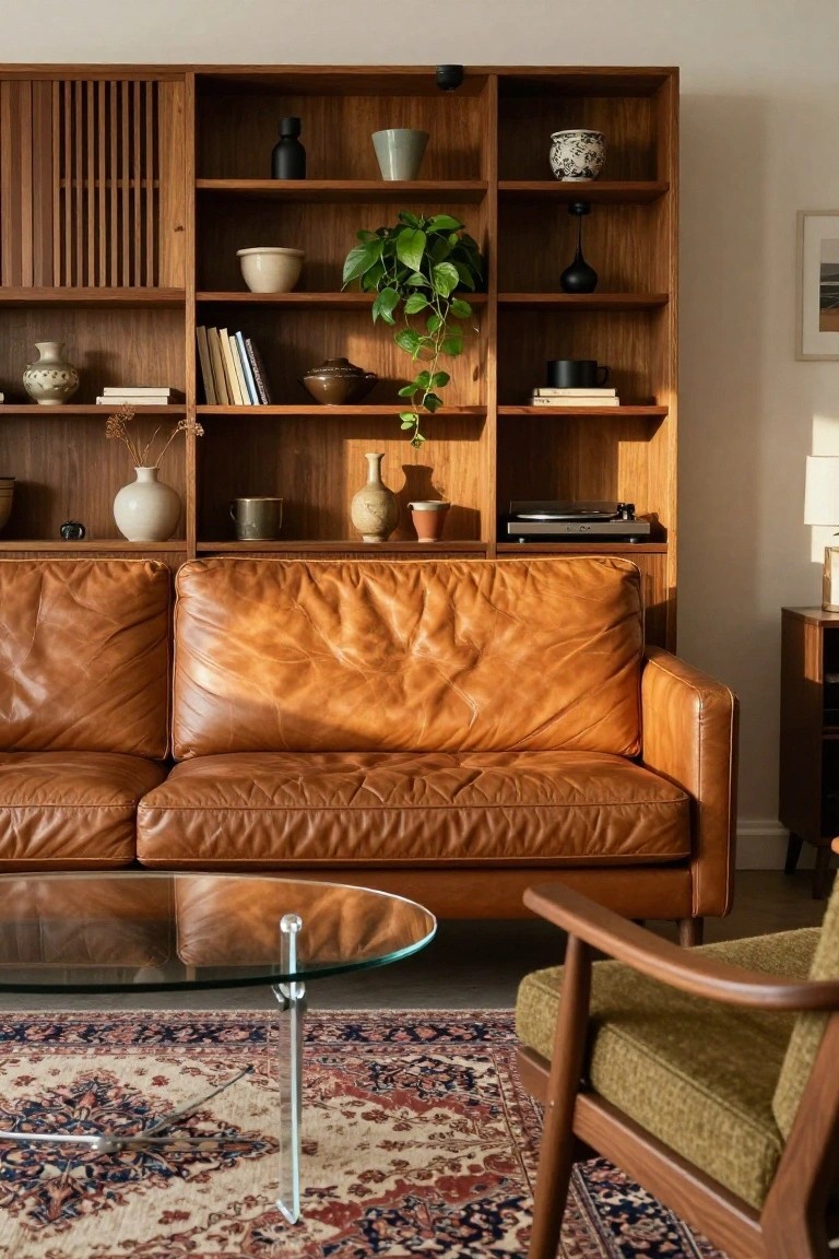 Tan leather sofa and green upholstered armchair in a living room with wooden slatted bookshelves filled with ceramics, books, plants, and a record player, glass coffee table on a red and blue Persian rug.