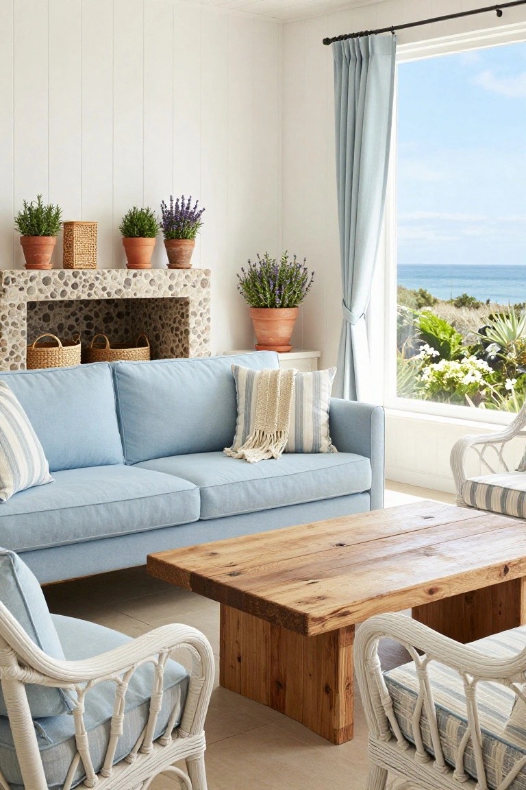 Light blue linen sofa on a white living room floor with two white rattan armchairs, rectangular wooden coffee table, stone fireplace, potted plants, and large window overlooking ocean and landscape.