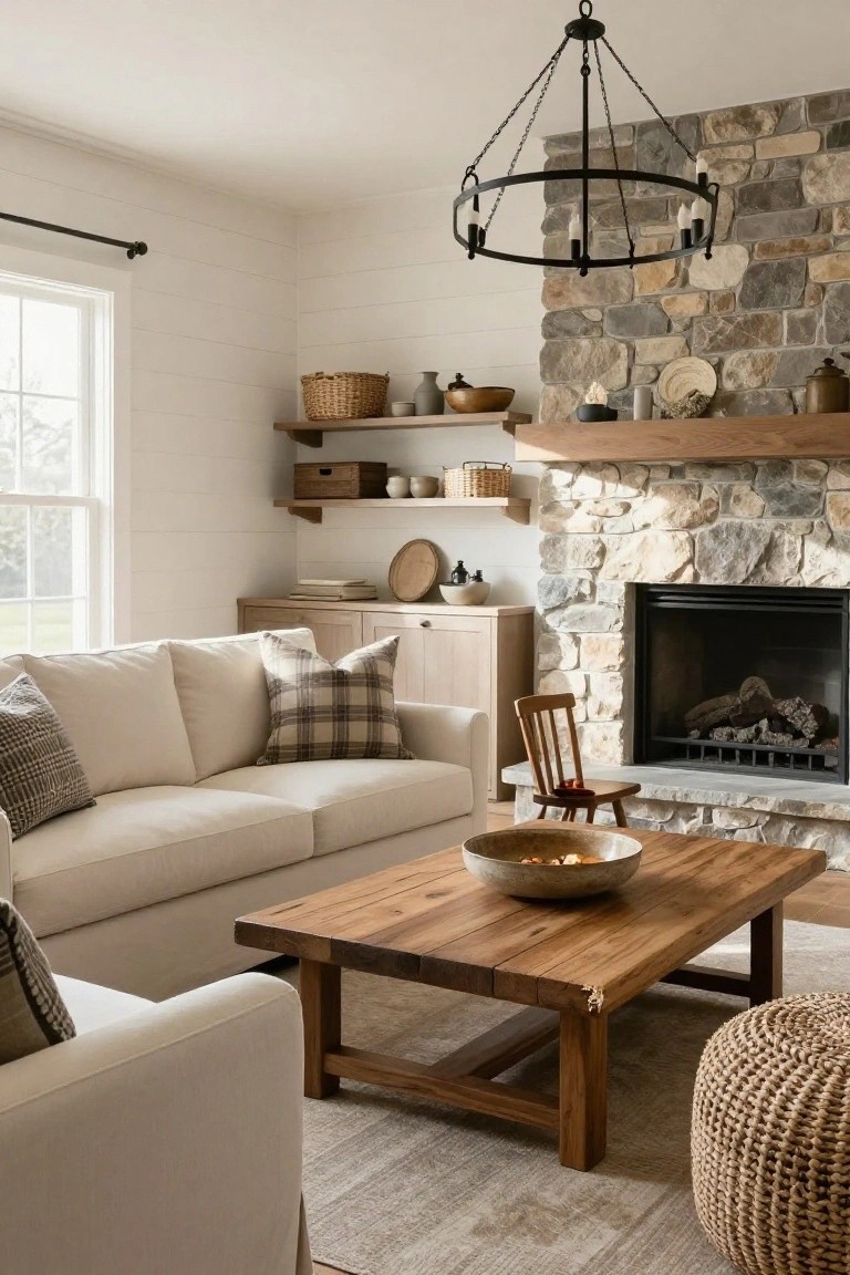 Living room with white shiplap walls, beige sofa with plaid pillows, wooden coffee table with bowl, small wooden chair, wicker pouf, stone fireplace, floating wood shelves with pottery and baskets, and black metal chandelier.