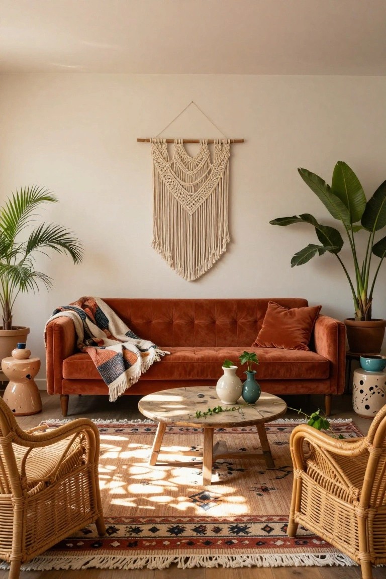 Living room with rust-colored tufted velvet sofa draped in a multicolored throw, two rattan armchairs, wooden coffee table with vases, potted plants, macrame wall hanging, and patterned rug on wood floor.