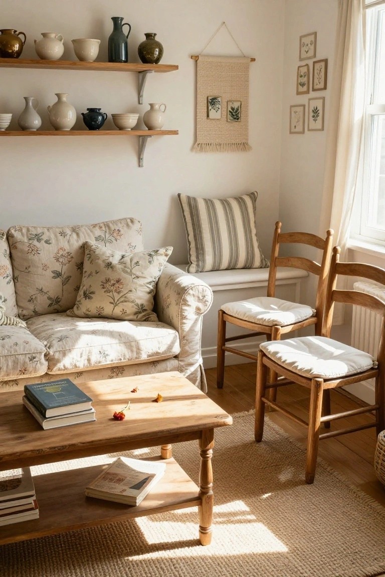 Sunlit living room corner with beige floral sofa, two wooden ladderback chairs with white cushions, wooden coffee table holding books and flowers, and upper wooden shelves displaying assorted pottery.