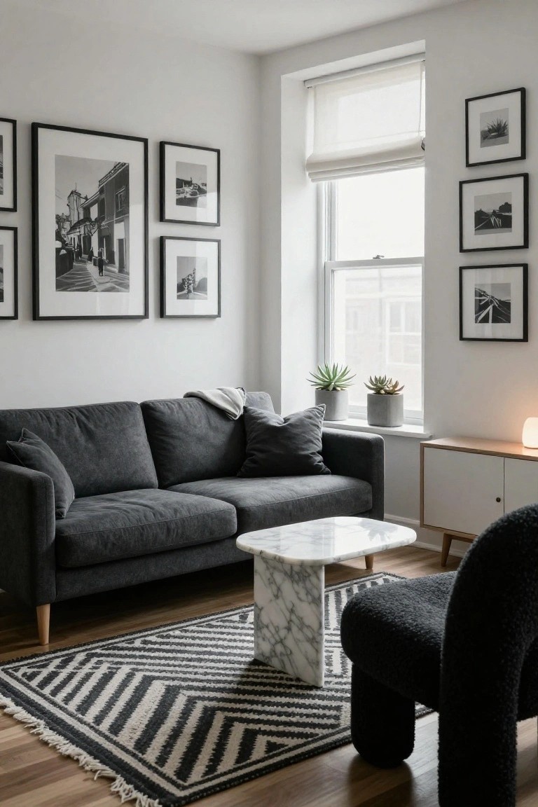 Gray upholstered sofa and black furry sculptural chair flanking a white marble coffee table on a black and white zigzag rug in a white living room with black-framed photos on the walls, plants on the windowsill, and a wood credenza.
